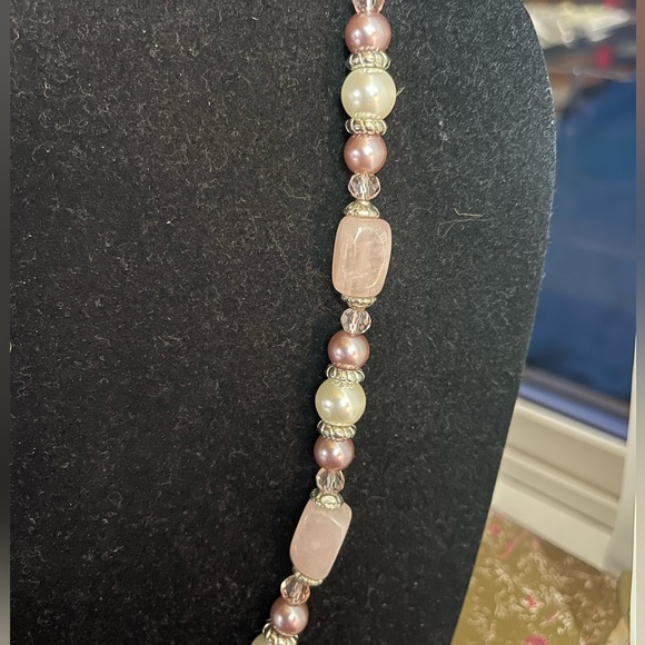 Classy and Classic Rose Quartz, Faux pearl, and Chrystal Necklace - Picture 4 of 5